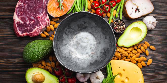 Empty rustic bowl with low carbs ingredients for clean eating and weight loss.